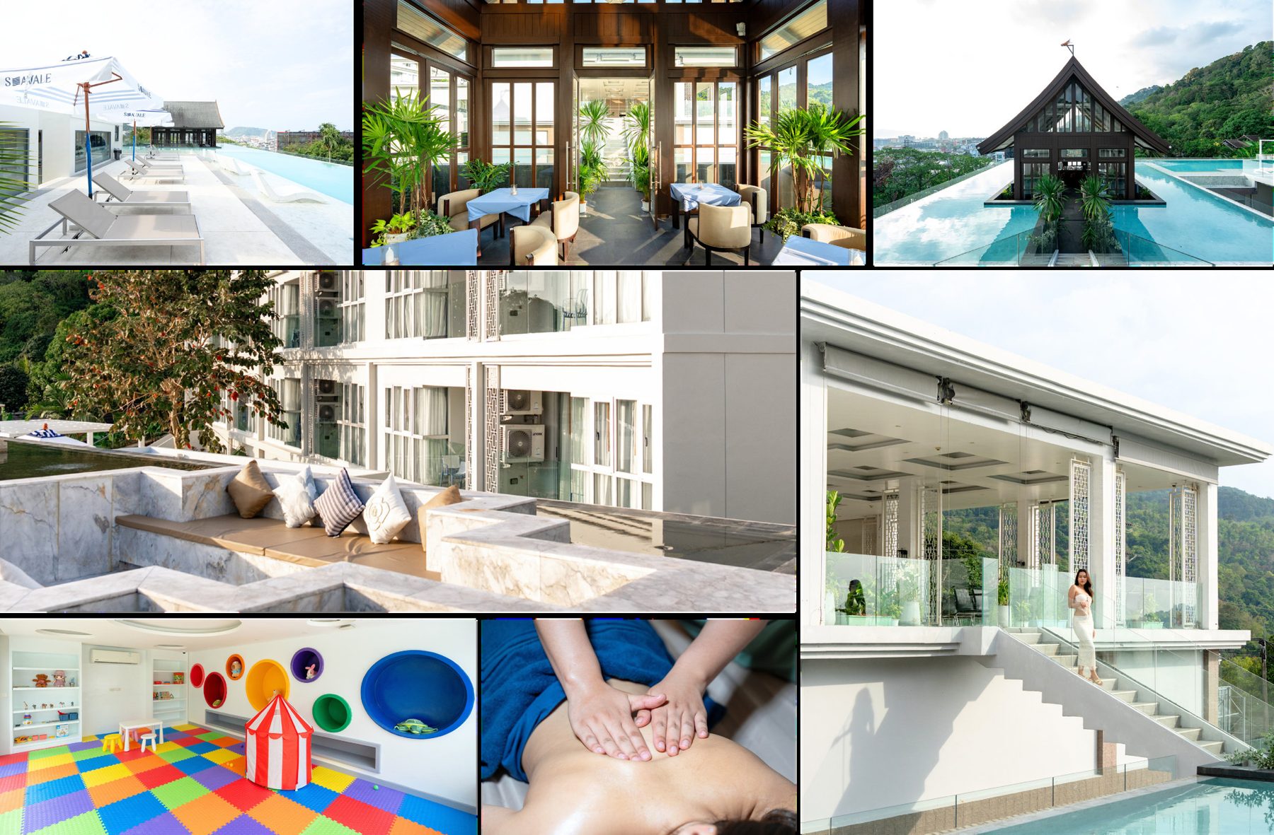 Collage of SEAVALE facilities: pool, spa, fitness, kids club